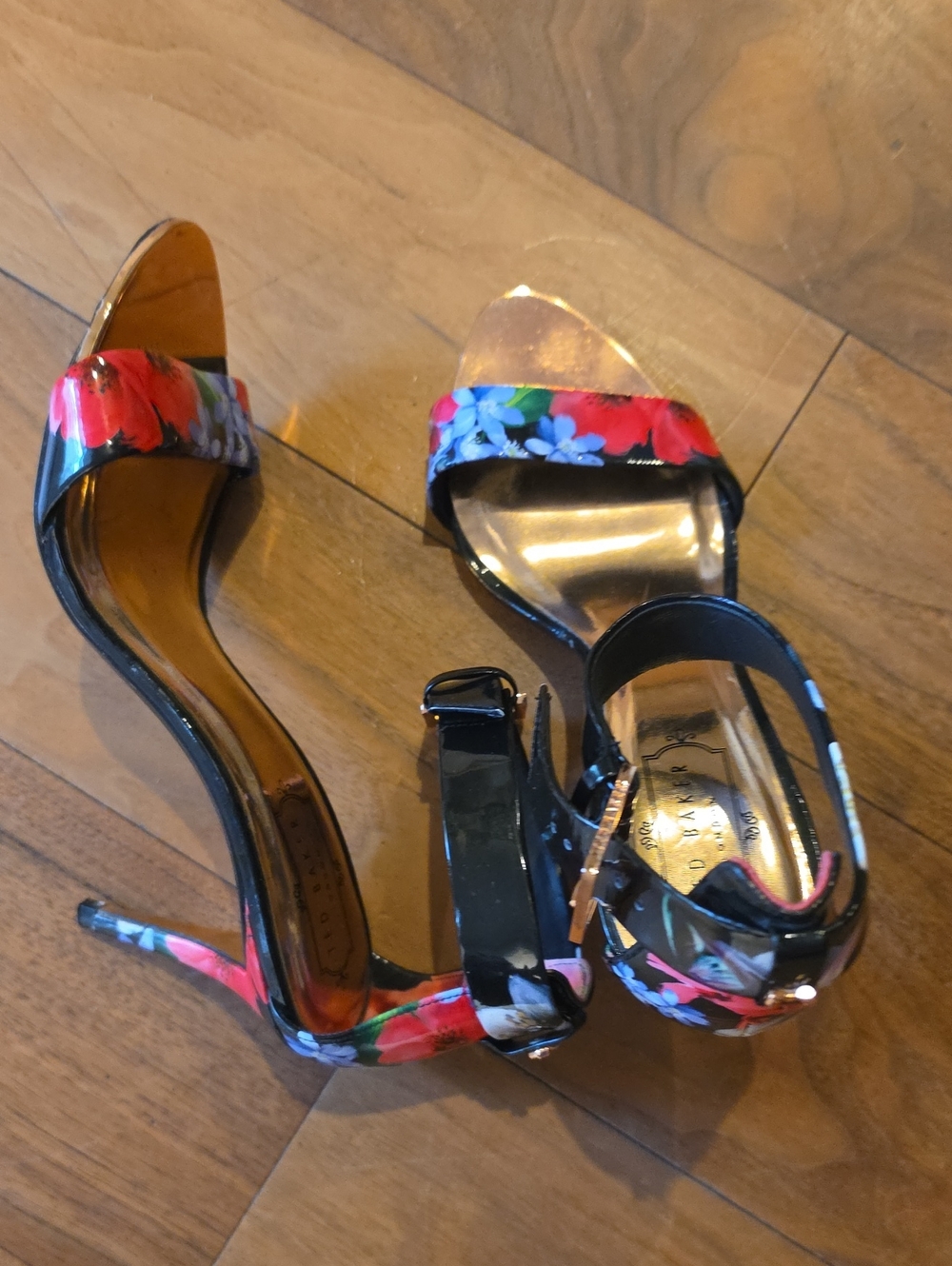 Ted Baker London Black Patent Floral Ankle-Strap Heels
